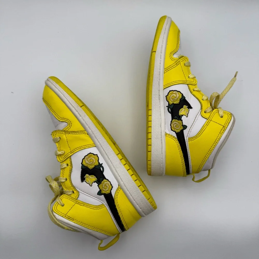 Nike Air Jordan 1 Mid GS “Dynamic Yellow Floral” Rose Patch Sneakers Size 1Y